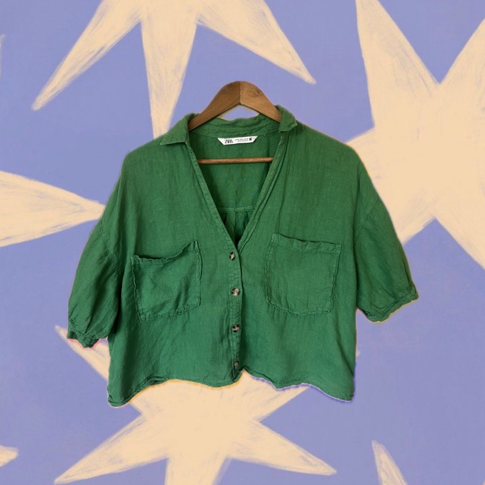Zara Emerald Green Collared Button Down Short Sleeved Shirt